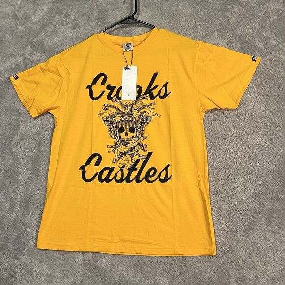 Crooks and Castles Shirt Men's Medium Yellow Medusa Skull Short Sleeve Shirt - Picture 1 of 7